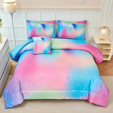 URBONUR Girls Full Bedding Set 6 Pieces Rainbow Comforter Set Full Size Multicolor Stars Printed Bed in a Bag, Soft & Fluffy Kids Bed Sets