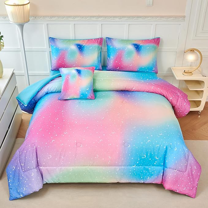 URBONUR Girls Full Bedding Set 6 Pieces Rainbow Comforter Set Full Size Multicolor Stars Printed Bed in a Bag, Soft & Fluffy Kids Bed Sets