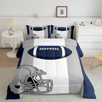 Feelyou Kids Football Comforter Set Twin Size Rugby Sports Bedding Set for Boys Teens Decor Soccer Ball Game Comforter American Football Grey Blue Duvet Set Quilt 2Pcs Boys