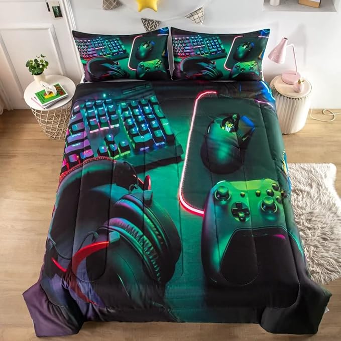 Gamer Comforter Sets for Teen Boys,Gaming Bedding Sets Queen,Video Game Bedspread,Game Gamepad Bed Set,Controller Bedding Gamer Home Decor 3 Piece 1 Comforter and 2 Pillowcases