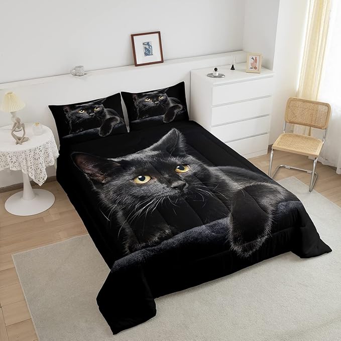 Erosebridal Black Cat Bedding Set Queen Size 3D Cat Comforter Set for Kids Girls Boys Cat Lover Cute Farmhouse Domestic Pet Animal Down Comforter Cute Cat Quilt Set Soft Warm Duvet Set Bedroom Decor