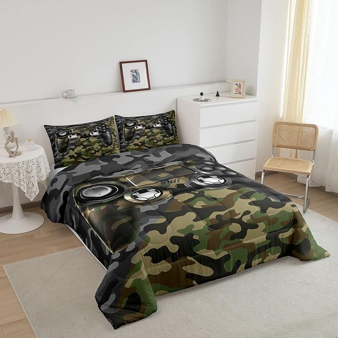 Kids Gamer Comforter Set Camouflage Gaming Bedding Set for Boys Teens Bedroom Green Black Camo Video Game Decor Comforter Gamer Console Quilt Set Full Size Duvet Quilted 3Pcs