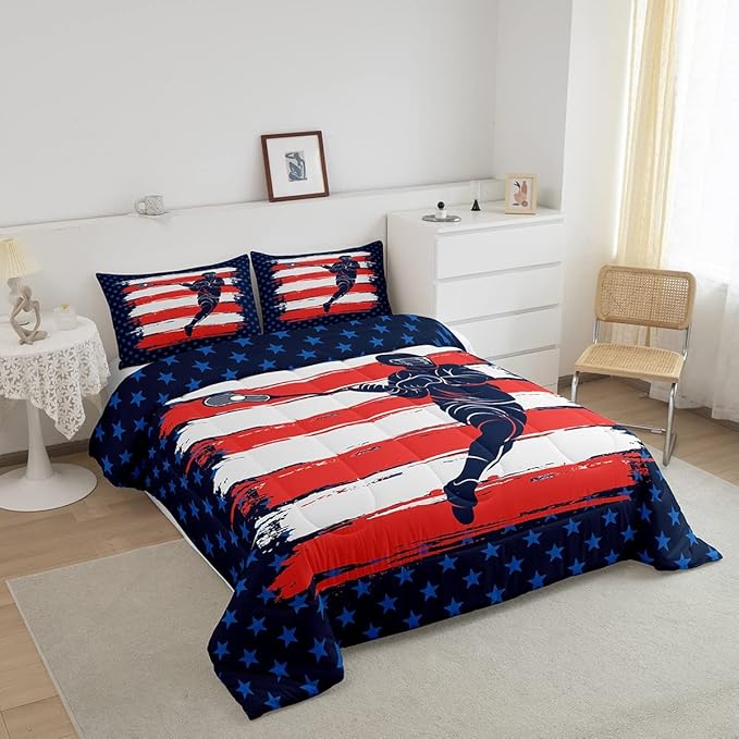 Feelyou Lacrosse Comforter Set King Size Boys Gilrs American Flag Sports Bedding Set for Kids Adults Soft Lacrosse Player Games Comforter Navy Blue Duvet Set Room Decor Quilt Boys