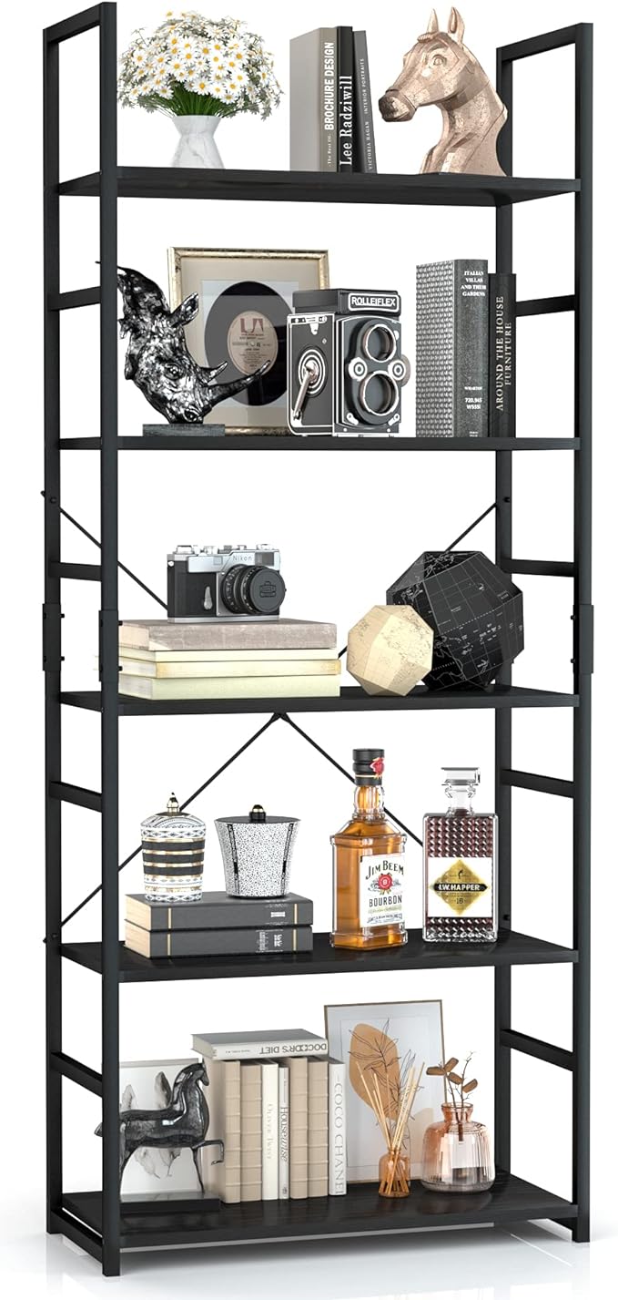 OTK 5 Tier Bookshelf, Tall Bookcase, Office Shelf Storage Organizer, Modern Book Shelf for Living Room, Bedroom, and Home Office, Black