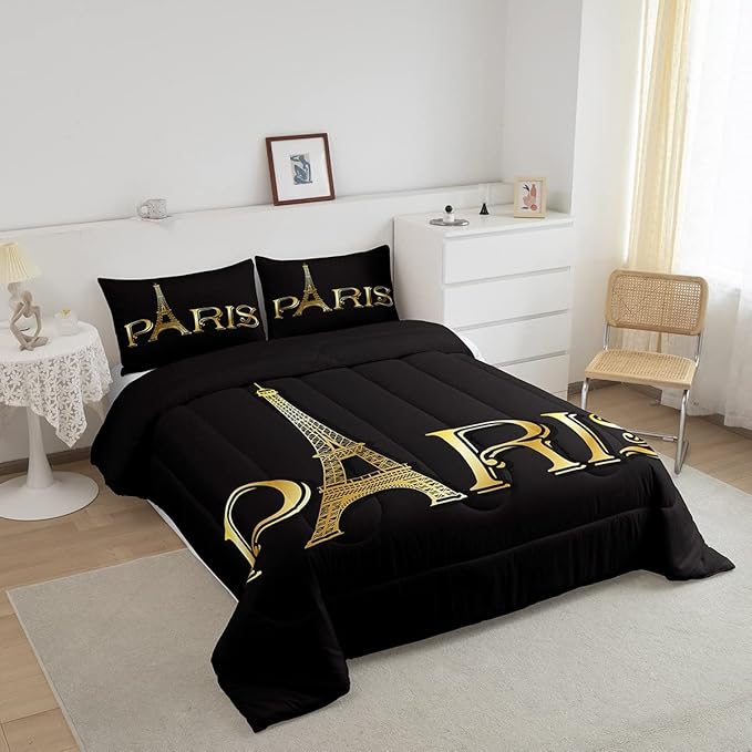 Erosebridal Eiffel Tower Comforter Set, City Building of Paris Bedding Set Full Size, Gold Black Duvet Sets for Kids Boys Girls Teens Bedroom, Soft Microfiber Bedding Comforters with 2 Pillow Cases