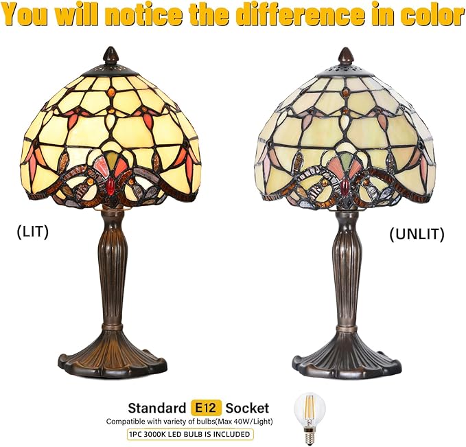 Tiffany Lamp Baroque Design Stained Glass Table Lamp for Living Room Bedroom Bedside Nightstand Home Office (Beige Baroque)