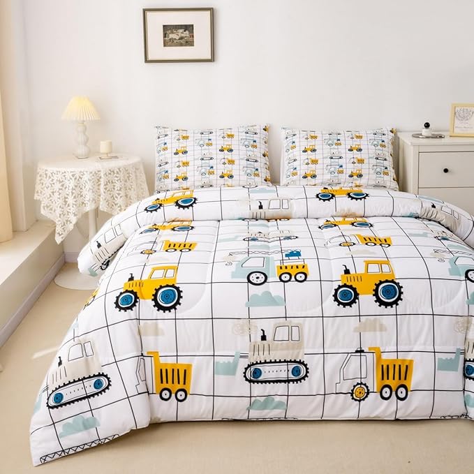 Feelyou Construction Truck Comforter Set King Size Kids Machinery Truck Excavators Vehicles Comforter for Boys Teens Cartoon Tractor Bedding Set Excavator Tractor Plaid Grid White Duvet Set Quilt Set
