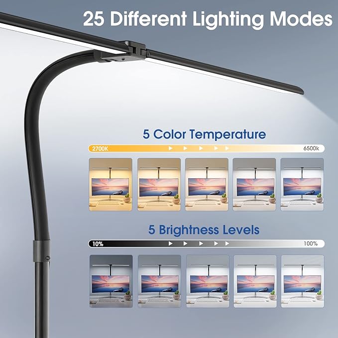 LED Desk Lamp, 24W Double Head Desk Lamp with Clamp, Modern Eye Caring Architect lamp with 5 Color Modes and 5 Dimmable, for Workbench, Monitor, Reading, Home Office