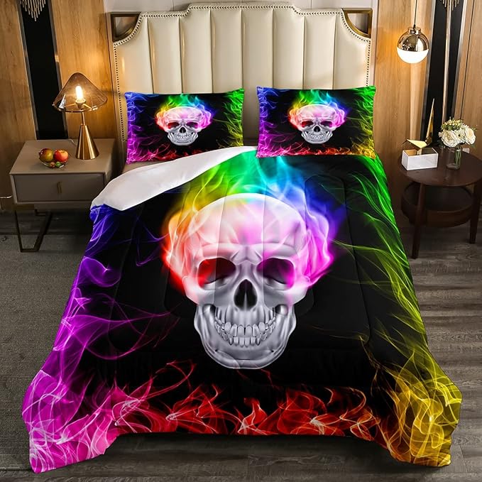 Erosebridal Skull Comforter Set, Skeleton Bones Bedding Set Queen Size Halloween Horror Gold Flame Duvet Sets for Kids Teens Adult Bedroom Decor, Gothic Spooky Bedding Comforters, Warmth Soft