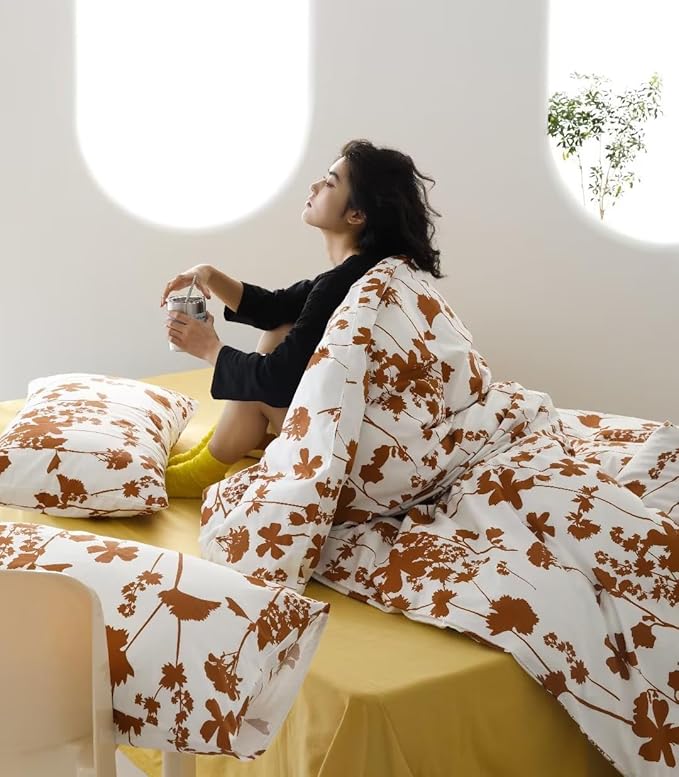 Botanical Comforter Set Twin White and Pumpkin Floral Plant Bedding Comforter Set Girls Garden Pattern Printed on White Blanket Rustic Leaf Blossom Women White Farmhouse Comforter Twin