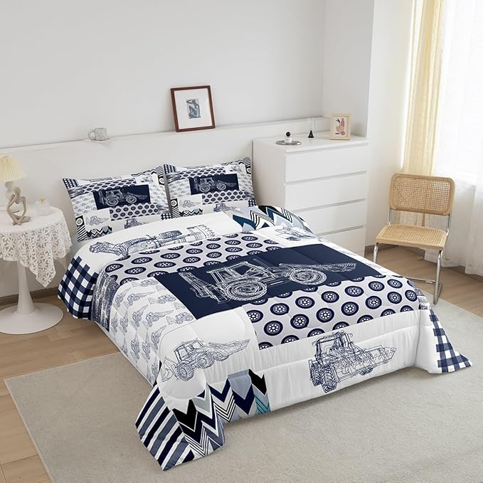 Feelyou Kids Construction Comforter Set Queen Size Equipment Trucks Bedding Set for Boys Cartoon Car Excavator Tractor Comforter Construction Vehicles Plaid Grid Blue and White Duvet Set