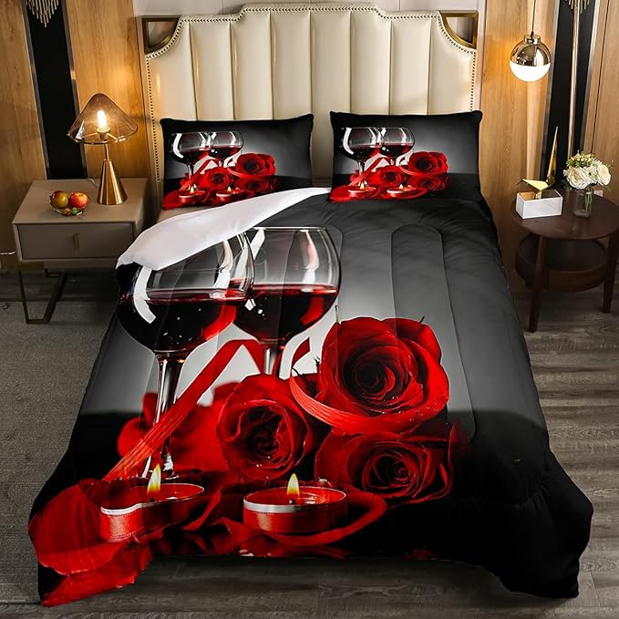 Erosebridal Rose Wine Glass Comforter Set for Girls Red Black Rose Bedding Set Twin Size Floral Blossom Quilt Set Banquet Flower Romantic Valentine's Day Duvet Set, Women Men Adult Grey Comforter Set
