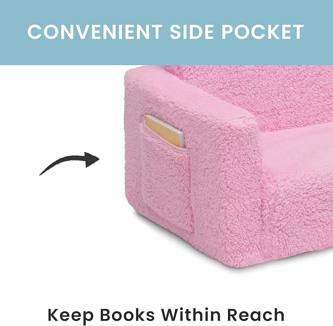 Delta Children Cozee Flip-Out Sherpa 2-in-1 Convertible Chair to Lounger for Kids, Pink