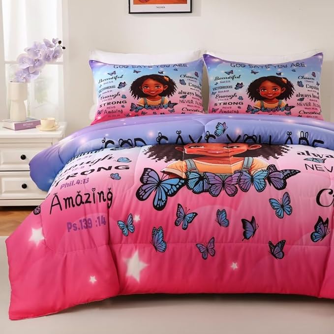 Black Girl Comforter Set, Full for Kids Teens, 3Pieces - 1 Comforter, 2 Pillow Shams, Premium Microfiber, Medium Weight, Motivational Decor, Machine Washable