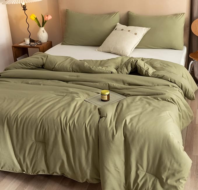 ROSGONIA Twin Comforter Set for College Girls Boys Teens Olive Green,1 Boho Comforter & 1 Pillowcase, Soft Kids Comforter Sets All Season Dorm Bedding