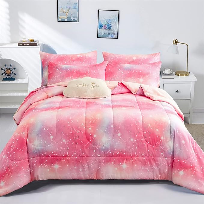 KAKKI Pink Galaxy Queen Comforter Set, 3-Piece, 88"x88"