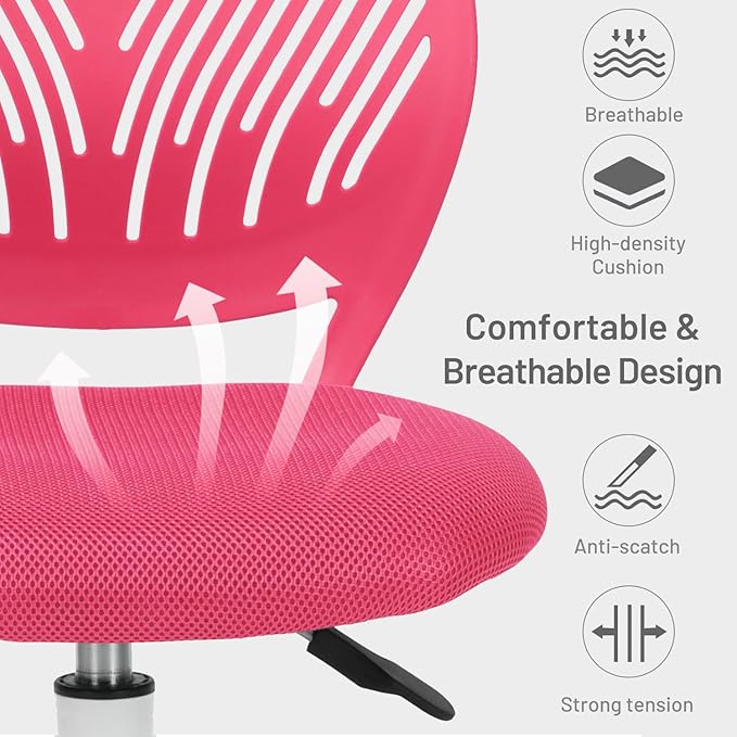 Desk Chair Armless Small Study Chairs Armless for Child Kids Teens, Ergonomic Swivel Rolling Lightweight Task Chair with Wheels and Mesh Padded Cushion, Pink