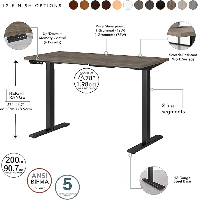 Bush Business Furniture Move 60 Electric Ergonomic Sit-Stand Computer Table for Home and Professional Office, 72W x 30D, Modern Hickory