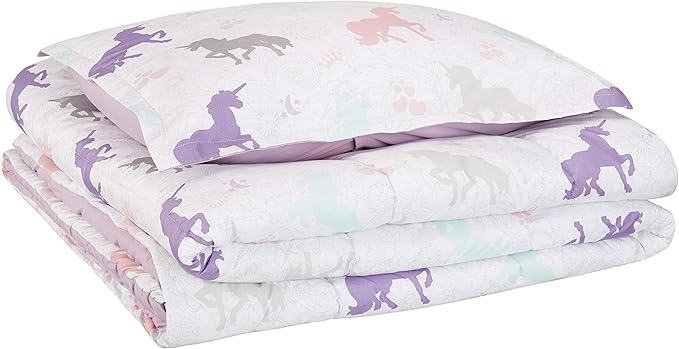 Amazon Basics Easy-Wash Microfiber Kid's 2-Piece Comforter and Pillow Sham Set, Animal Printed, Twin, Purple Unicorns