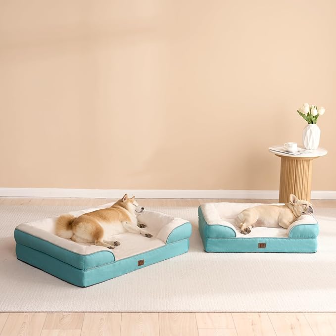 EHEYCIGA Orthopedic Dog Beds for Large Dogs, Waterproof Memory Foam Large Dog Bed with Sides, Non-Slip Bottom and Egg-Crate Foam Large Dog Couch Bed with Washable Removable Cover, Turquoise Blue