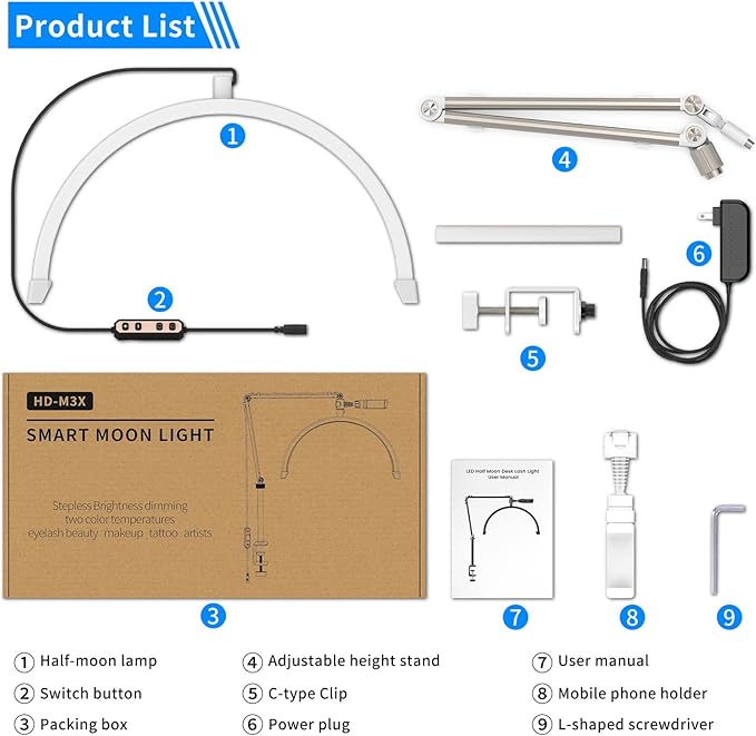 Half Moon Light Lamp for Lashes, Upgraded Stable Stand, Lash Lamp for Eyelash Extensions, Esthetician Light Eyelash Lamp with Phone Holder for Tattoo Artists, Nail Tech, Makeup,Skincare