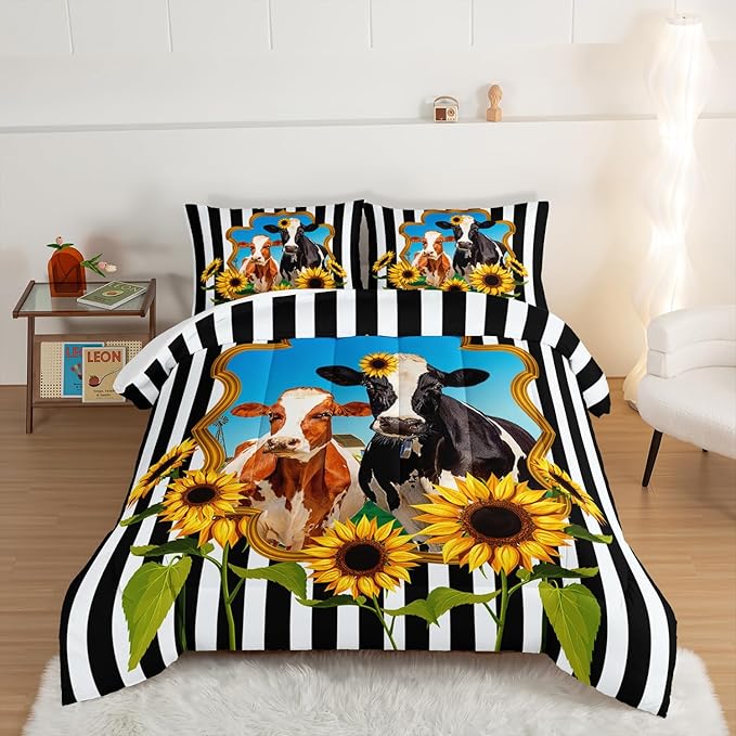 HOSIMA Animal Theme Bedding Set Bull and Cow Comforter with 2 Pillowcases,Black and White Stripes Full Size Comforter Set for Adults Teens Kids,Sunflower Print Western Bedding Sets.