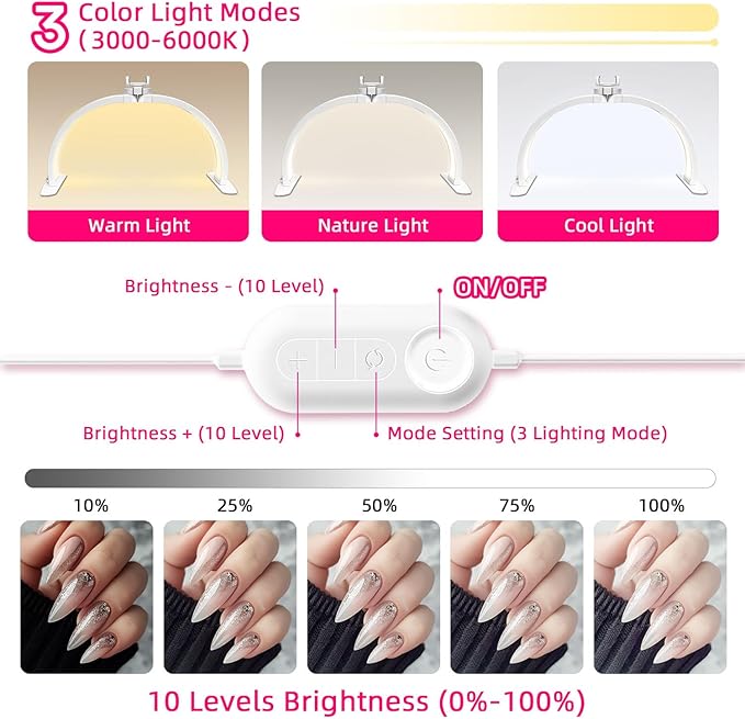 Half Moon Light for Nail Desk, Foldable 29" Nail Light for Desk, 180° Ultra-bright Nail Tech Desk Lamp, Portable Half Moon Lamp with Phone Holder & Organizer Bag - Sliver Diamond