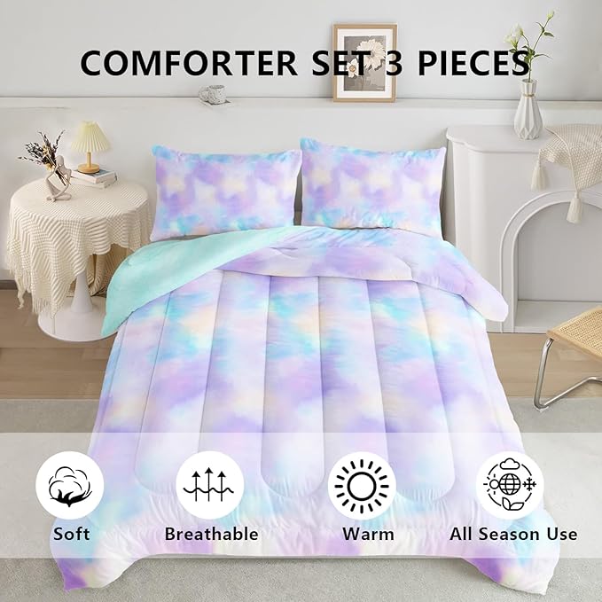 Axolotl Tie Dye Bedding Set Full,Pink Blue Purple Comforter Set,Boho Psychedelic Bedding Colorful Tie Dye Pastel Comforter Set,Rainbow Bedding Set for Kids Girls Teens Women,1 Quilt 2 Pillowcases