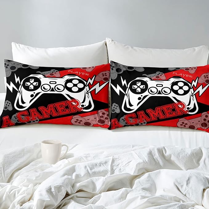 Gaming Comforter Sets for Boys Video Game Full Size Comforter Set for All Seasons Gamer Bedding Sets for Kids Bedroom Black and Red Gamepad Boys Bedding 1 Comforter and 2 Pillowcases