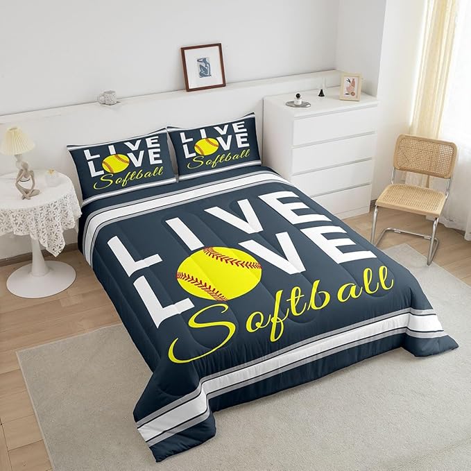 Feelyou Kids Softball Comforter Set Queen Size Softball Gaming Bedding Set for Boys Girls Teens Bedroom Decor Sports Theme Comforter Women Men Baseball Gaming Duvet Set with 2 Pillow Case