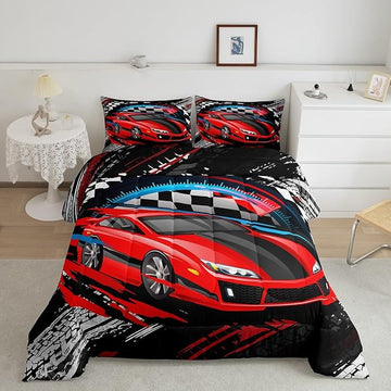 Car Bedding Set for Boys Queen Size Racing Sports Car Comforter Kids Extreme Sports Theme Comforter Set Girls Children Bedroom Teens Cool Speed Automobile Decor Bed Duvet Set Soft Lightweight