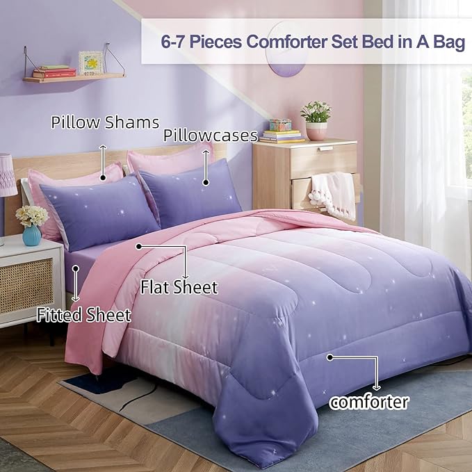 Girls Comforter Set Full Size Colorful Ombre Pink Purple Rainbow Bedding Set Bed in A Bag for Kid Teen Girls 7 Pieces (1 Comforter, 1 Flat Sheet, 1 Fitted Sheet, 2 Pillow shams, 2 Pillowcases)