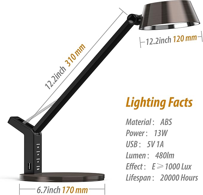 LED Desk Lamp with USB Charging Port, Home Office Desk Lamp Touch Control Dimmable Table Lamp with 3 Color Modes, Eye Caring LED Lamp for Study, Reading, Work (Copper)