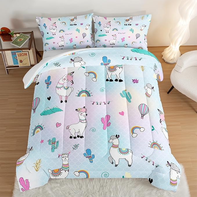 HOSIMA 3 Piece Cartoon Animal Llama Comforter,Cute Alpaca Toddler Comforter,Desert Cactus Plant Twin Bed in a Bag Sets for Adults Kids,Fish Scales Comforter Rainbow Twin Bedding Sets for Girls Boys.
