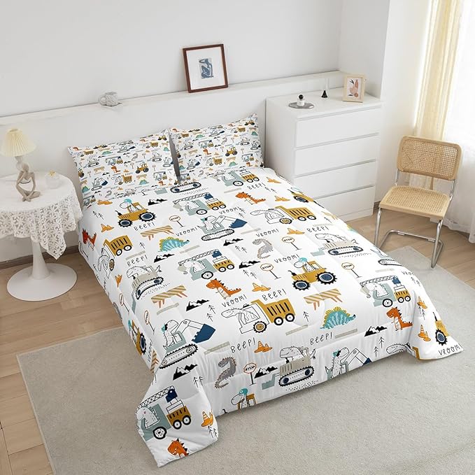 Feelyou Construction Bedding Set King Size Equipment Trucks Comforter Set for Kids Boys Girls Decor Dinosaur Comforter 3D Digital Print Yellow Duvet Set Bedroom Quilt Set