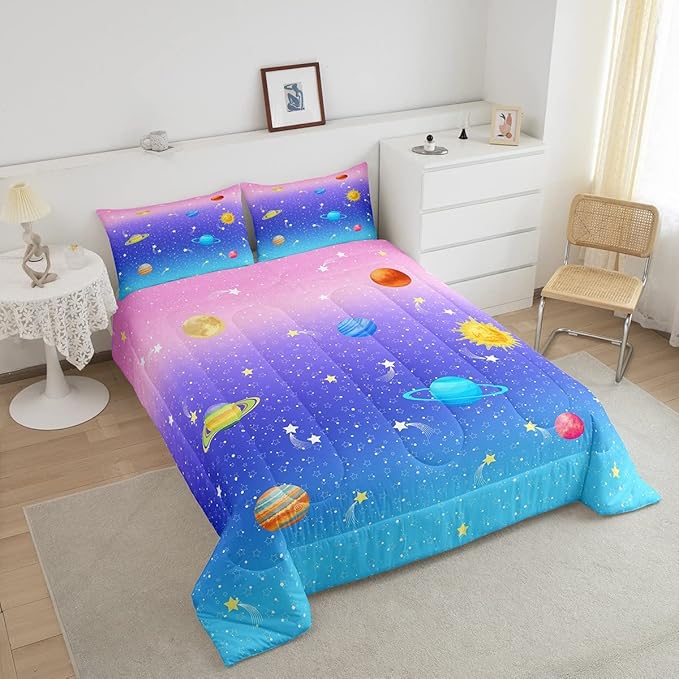 Erosebridal Cute Galaxy Comforter Set King for Boys Girls Kids Stars Planet Space Bedding Set Kawaii Rainbow Pastel Bedding Comforter Sets Pink Blue Purple Ombre Cartoon Quilt Duvet 2 Pillow Cases