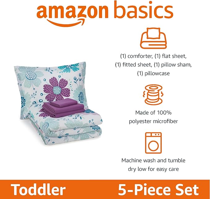 Amazon Basics 5 Piece Microfiber Kid's Bed-in-a-Bag Bedding Set, Toddler, Floral