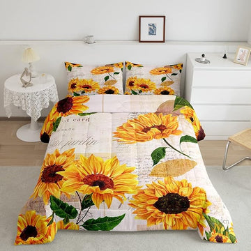 Erosebridal Women Retro Floral Bedding King Size Yellow Sunflowers Comforter Set for Girls Female Rustic 3D Flowers Duvet Insert Ultra Soft Lightweight Quilted Comforter with 2 Pillowcases