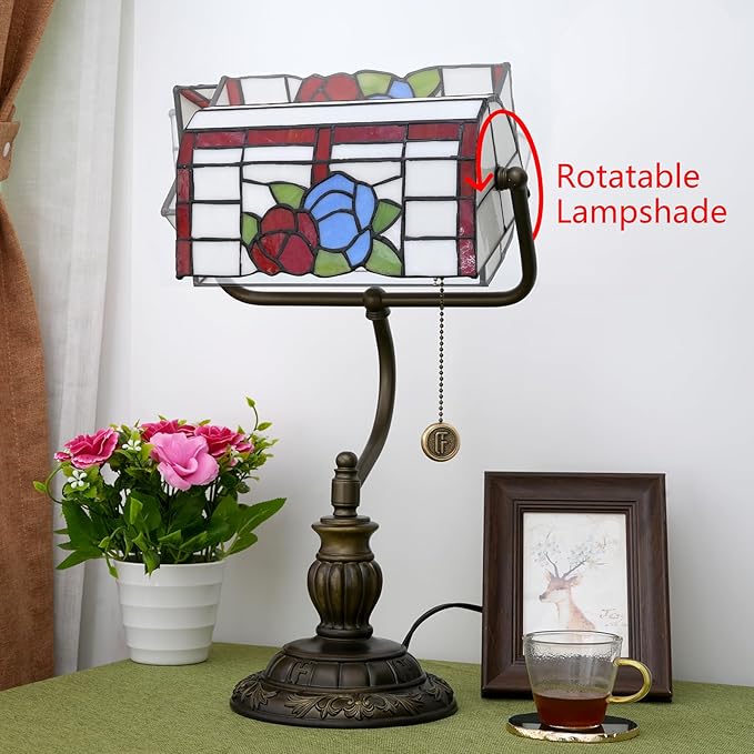Bankers Lamp,Stained Glass Lamp,Dimmable Vintage Desk Lamp for Home Office Workplace Nightstand Bedroom Library Piano LED Bulb Included (roses)