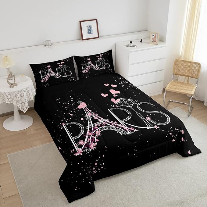 Eiffel Tower Comforter Set Chic Paris Bedding Set Romantic Theme Comforter for Boys Girls Children Teens Black Pink Bedroom Decor Modern French Style Duvet Set Full Size with 2 Pillow Case