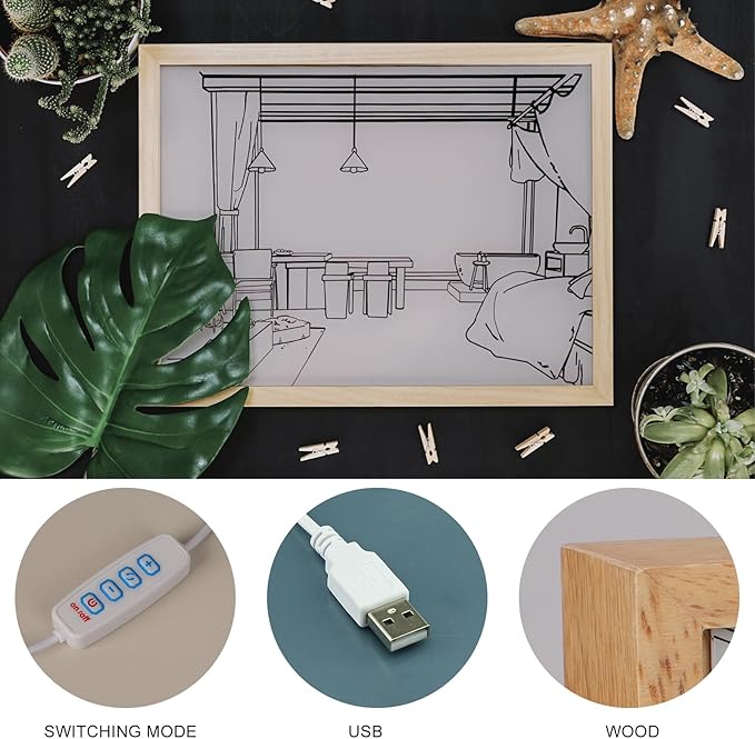 Decorative Lamp on Desk, Warm Seaside Design Desktop Illustration Light, USB Low Power Desk Lamp with Morning/Afternoon/Sunset 3 Modes