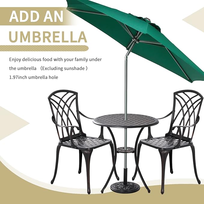 3 Piece Bistro Patio Set Cast Alumiunm Patio Furniture Set,All Weather Bistro Table and Chairs Set of 2 with 1.97" Umbrella Hole,Outdoor Patio Bistro Sets for Garden（Antique Bronze）