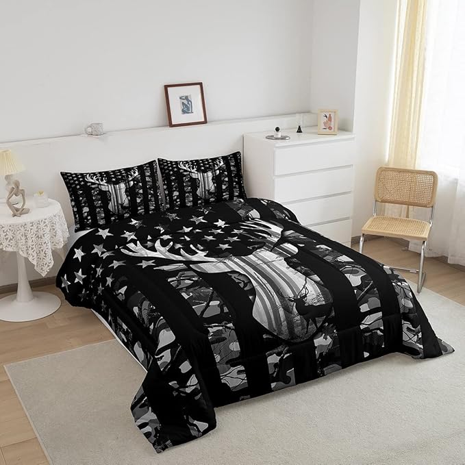 Black Grey Camo Comforter Set Queen,Camouflage American Flag Bedding Set, Deer Antlers Silhouette Quilt Set 3 Pcs for Kids Teens Adults Room Decor,Wild Animal Natural Duvet Insert with 2 Pillowcases