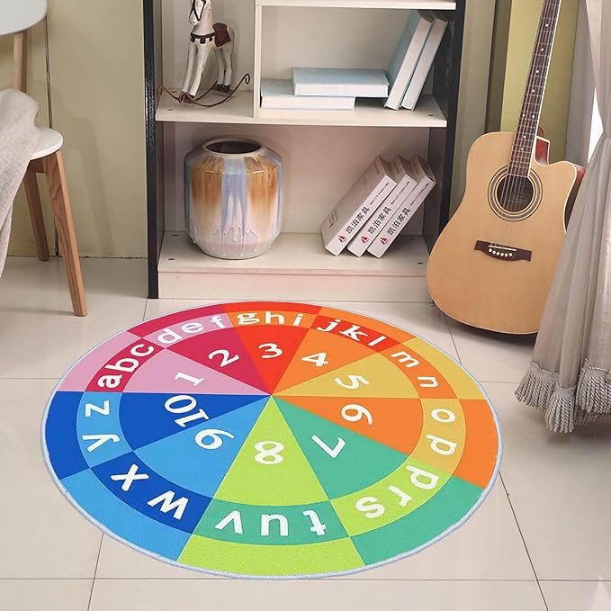 Eanpet Alphabet Circle Rug for Nursery 4ft Round Area Rug for Boys and Girls Nonslip Kids Carpet for Playroom Educational Baby Play Mat Large Indoor Floor Mats for Children Toddlers,Rainbow