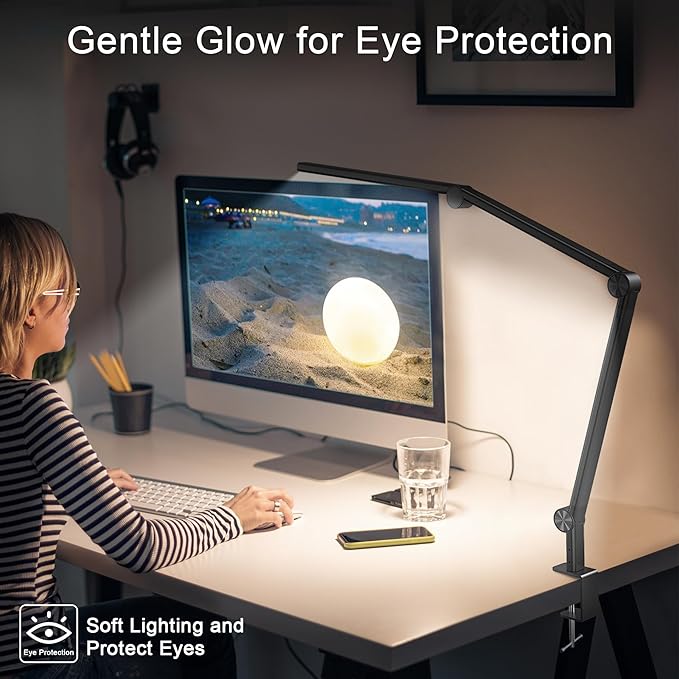 LED Desk Lamp with Clamp, Adjustable Swing Arm, Dual Light Sources, Stepless Dimming, Modern Table Light for Home Office, Work, Study, Flexible, Eye-Caring Clip-on Desk Light