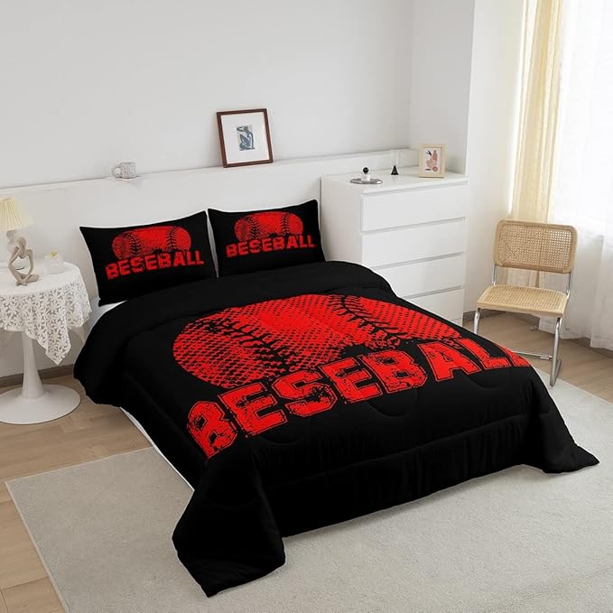 Erosebridal Kids Baseball King Size Bedding Set Red Black Sports Comforter Set for Boys Girls Teen,Reversible Black Quilt Comforter Soft Lightweight for All Season,1 Comforter and 2 Pillow Cases