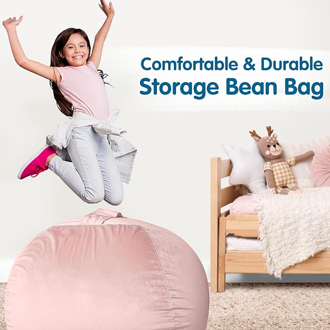 Lukeight Stuffed Animal Storage Bean Bag Chair Cover for Kids, Zipper Beanbag Chair Cover for Organizing Toddler & Kids' Rooms Plush Toys (Pink Velvet, Large)