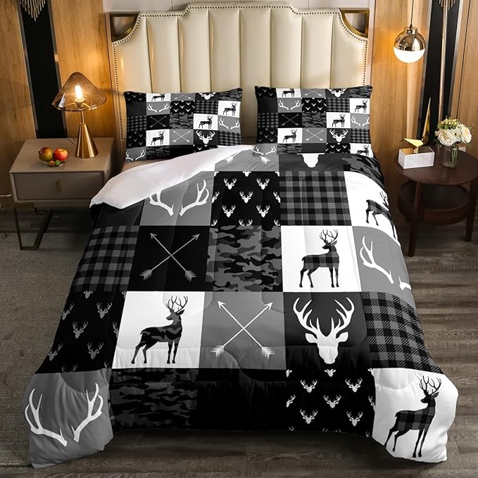 Camo Deer Boys Twin Comforter Set,Deer Antlers Silhouette Black Grey Camouflage Quilt Set for Kids Adults Room Decor,Wild Animals Hunting Adventure Rustic Comforter,Geometric Plaids Arrow Bedding Set