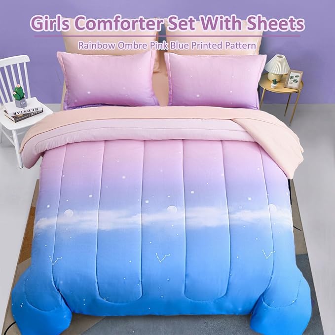 Dinjoy Girls Comforter Set Twin Size Colorful Rainbow Ombre Pink Blue Bedding Set Gradient 6 Pieces Bed in A Bag for Kids Teen Girl Women(1 Comforter, 1 Flat Sheet, 1 Fitted Sheet)