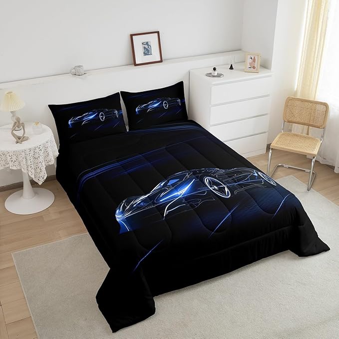 Feelyou Blue Race Car Bedding Set Queen Size for Kids Boys Extreme Sport Games Comforter Set Teens Toddler Fast and Furious Duvet Set Cool Modern Quilt Set 3Pcs